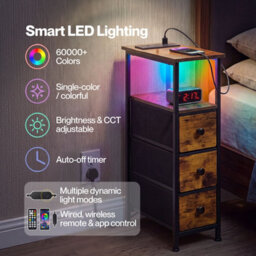 Levede Bedside Table With Led Light Charging 3 Fabric Drawers Brown - thumbnail 5
