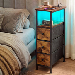 Levede Bedside Table With Led Light Charging 3 Fabric Drawers Brown - thumbnail 1