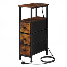 Levede Bedside Table With Led Light Charging 3 Fabric Drawers Brown - thumbnail 2