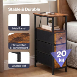 Levede Bedside Table With Led Light Charging 3 Fabric Drawers Brown - thumbnail 9