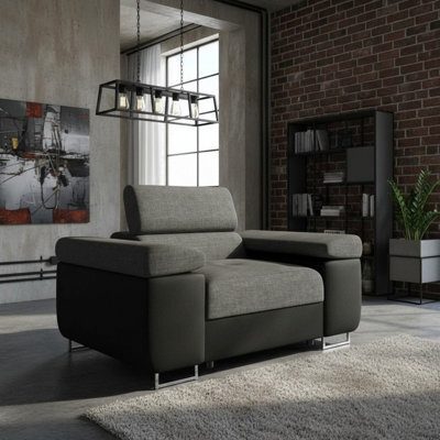 Torezio Armchair Adjustable Headrests Upholstered Freestanding Chipboard Frame Metal Legs 134X102X90Cm Black And Grey - image 1