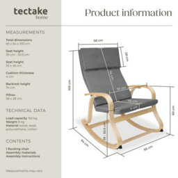 Tectake 1 Rocking Chair Roca - With Armrests, Comfortable Padding And Floor Protectors  - Light Grey - thumbnail 6