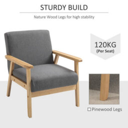 Homcom Accent Chair With Wood Frame Wide Seat Linen Armchair Grey - thumbnail 5