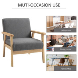 Homcom Accent Chair With Wood Frame Wide Seat Linen Armchair Grey - thumbnail 6