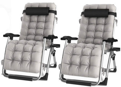 Groundlevel Pair Of Luxury Gravity Garden Sun Lounger / Relaxer Chair With Cushion - Grey - image 1