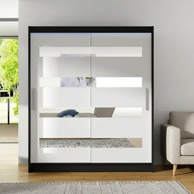 Sliding Wardrobe Westa Xiii 150 Cm With Mirror Panels And Rgb Led Lights Black White - image 1