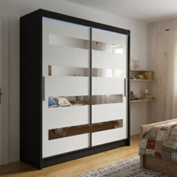 Sliding Wardrobe Westa Xiii 150 Cm With Mirror Panels And Rgb Led Lights Black White - thumbnail 2