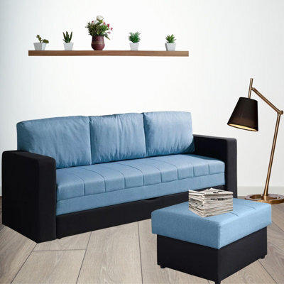 Calabrini Sofa Bed Set With Pouffe Underseat Storage And Sprung Seat Black With Blue - image 1