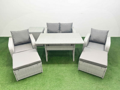 Fimous Light Grey Pe Wicker Rattan Garden Furniture Set Sofa Set Reclining Chair Dining Table 6 Seater 2 Big Stools Side Table - image 1