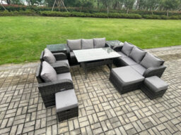 Fimous Outdoor Garden Patio Furniture Wicker Rattan Oblong Dining Table And Lounge Sofa Set With Adjustable Chair 2 Side Tables - thumbnail 2