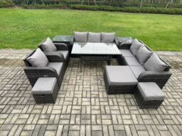 Fimous Outdoor Garden Patio Furniture Wicker Rattan Oblong Dining Table And Lounge Sofa Set With Adjustable Chair 2 Side Tables - thumbnail 1
