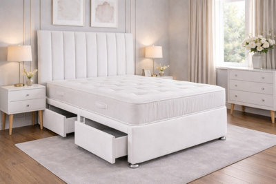 Comfy Deluxe 9 Panel White Suede 6Ft Super King Size Bed Set With Orthopaedic Mattress And Headboard 2 Drawers