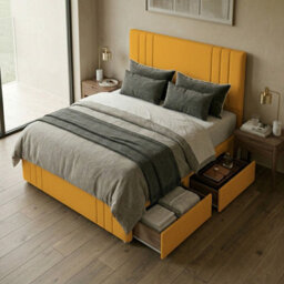 "Adore Designs Rio Plush Velvet Divan Bed, 50"" Headboard, Mattress & Footboard - 4Ft Small Double - Turmeric - 0 Drawers" - thumbnail 2