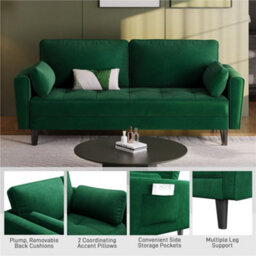 Yaheetech Velvet Fabric Upholstered 2 Seater Sofa Couch With 2 Pillows Green - thumbnail 5