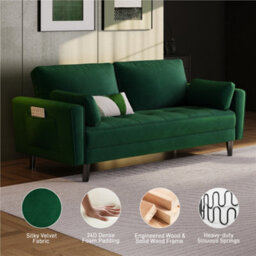 Yaheetech Velvet Fabric Upholstered 2 Seater Sofa Couch With 2 Pillows Green - thumbnail 4