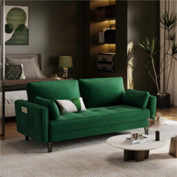 Yaheetech Velvet Fabric Upholstered 2 Seater Sofa Couch With 2 Pillows Green - thumbnail 1