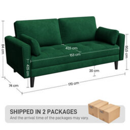 Yaheetech Velvet Fabric Upholstered 2 Seater Sofa Couch With 2 Pillows Green - thumbnail 3