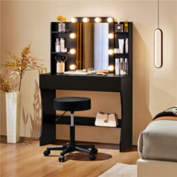 Yaheetech Black Tempered Glass Mirror Dressing Table With 10 Led Lights And Drawer - thumbnail 1