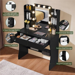 Yaheetech Black Tempered Glass Mirror Dressing Table With 10 Led Lights And Drawer - thumbnail 7