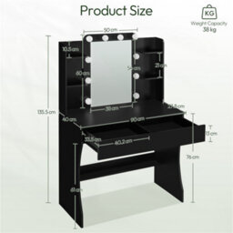 Yaheetech Black Tempered Glass Mirror Dressing Table With 10 Led Lights And Drawer - thumbnail 3