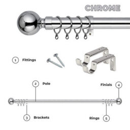 Ameha Curtain Metal Pole Extendable Curtain Rod,60mm Finials, Ring,brackets And Fitting Set (120-210Cm, 48''- 84'',chrome) - thumbnail 6