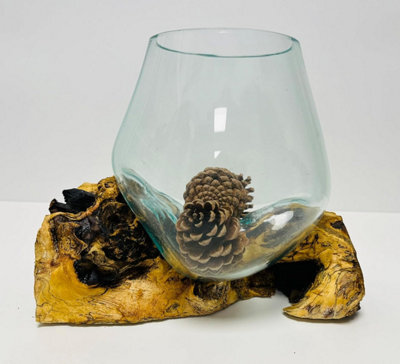 My Square Mile Molten Glass Display Bowl On Wood Root Stand Glass Rustic Ornament Sculpture Key Sweet Display Dish (Large) - image 1