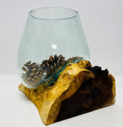 My Square Mile Molten Glass Display Bowl On Wood Root Stand Glass Rustic Ornament Sculpture Key Sweet Display Dish (Large) - thumbnail 3