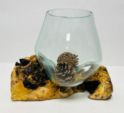 My Square Mile Molten Glass Display Bowl On Wood Root Stand Glass Rustic Ornament Sculpture Key Sweet Display Dish (Large) - thumbnail 1