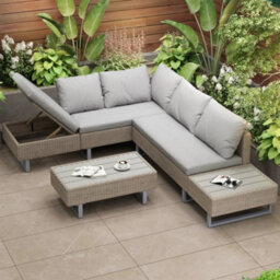 Btm Mixed Khaki Rattan Garden Furniture Outdoor Corner Sofa Set With Coffee Table Anti Uv Cushions Removable Covers - thumbnail 2