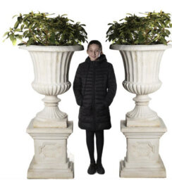 Pair Giant Fluted White Stone Cast Vases On Plinths 154Cm Tall - thumbnail 2