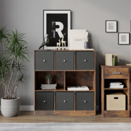 Urbn-Living Urbnliving Asymmetrical 8 Cube Bookcase Shelf Storage Unit W/ 6 Fabric Drawer Inserts (Rustic Brown+Dark Grey) - thumbnail 4