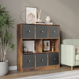 Urbn-Living Urbnliving Asymmetrical 8 Cube Bookcase Shelf Storage Unit W/ 6 Fabric Drawer Inserts (Rustic Brown+Dark Grey)