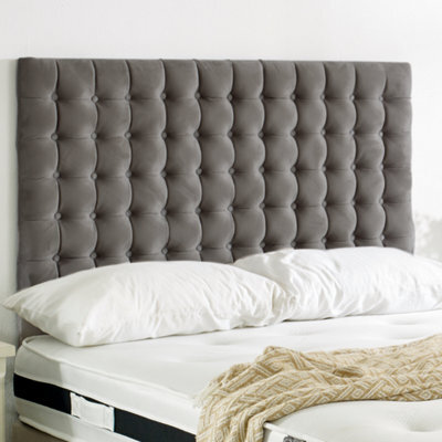 "Urban Textures Luxury 20"" High Velvet Fabric Upholstered Small Cubes Buttoned Headboard - Grey" - image 1