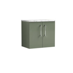 Nuie Arno Wall Hung 2-Door Vanity Unit With Laminate Worktop In Satin Green Premium Counter Top Vanity Unit In Satin Green