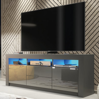 Shine Tv Unit 160Cm Dark Grey With High Gloss Doors And Led Lighting - Creative Furniture - image 1