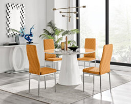 Furniturebox Uk Palma White Marble Effect Round Dining Table & 4 Mustard Milan Chrome Leg Chairs - thumbnail 1