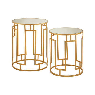 Orsina Set Of 2 Mirrored Top Round Side Tables,gold Nesting Tables For Lounge,bohemian  Accent Tables, Small Tables - image 1