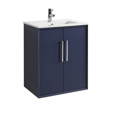 Homestylestore Navy Blue 610mm Wall Hung Bathroom Vanity Unit With Basin And Chrome T Bar Handle - image 1