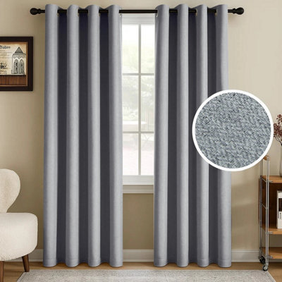 Ameha Grey 100%blackout Curtain 66X72'' Linen Texture Thermal Insulated 260Gsm Eyelet Curtain Pair Energy Saving Winter & Summer Uk Home - image 1