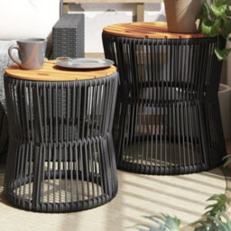 Berkfield Garden Side Tables 2 Pcs With Wooden Top Black Poly Rattan - thumbnail 1
