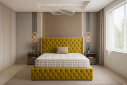 Adore Designs Chesterfield Plush Velvet Divan Bed, Winged Headboard, Mattress & Footboard - 5Ft Kingsize - Turmeric - 2 Drawers Left Side - thumbnail 2