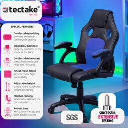 Tectake Gaming Chair Mike - Ergonomic Shape, Thick Padding, Stepless Height Adjustment - Black/blue - thumbnail 2