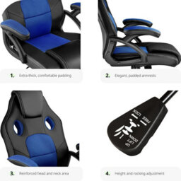 Tectake Gaming Chair Mike - Ergonomic Shape, Thick Padding, Stepless Height Adjustment - Black/blue - thumbnail 3