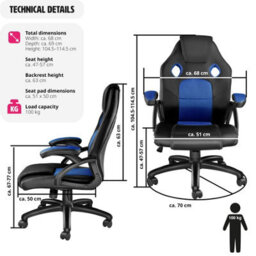 Tectake Gaming Chair Mike - Ergonomic Shape, Thick Padding, Stepless Height Adjustment - Black/blue - thumbnail 6