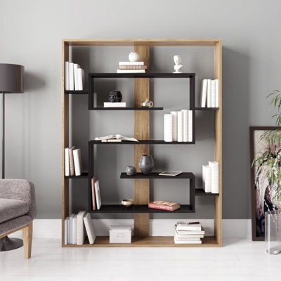 Decorotika Esteban Geometric Bookcase Shelving Unit Oak & Black - image 1