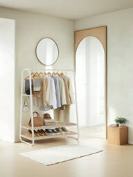 Vasagle Clothes Rail, Clothes Rack With 2 Shelves, 6 S Hooks, Steel Frame, Cream - thumbnail 1