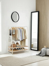 Vasagle Clothes Rail, Clothes Rack With 2 Shelves, 6 S Hooks, Steel Frame, Cream - thumbnail 3