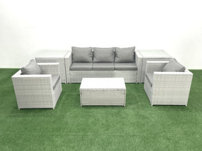 Fimous Rattan Garden Furniture Set 3 Seater Sofa 2 Chair Rectangular Coffee Table 2 Side Tables Light Grey 5 Seater - image 1