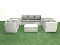 Fimous Rattan Garden Furniture Set 3 Seater Sofa 2 Chair Rectangular Coffee Table 2 Side Tables Light Grey 5 Seater - thumbnail 2