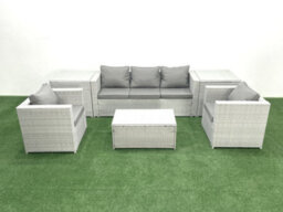 Fimous Rattan Garden Furniture Set 3 Seater Sofa 2 Chair Rectangular Coffee Table 2 Side Tables Light Grey 5 Seater - thumbnail 1